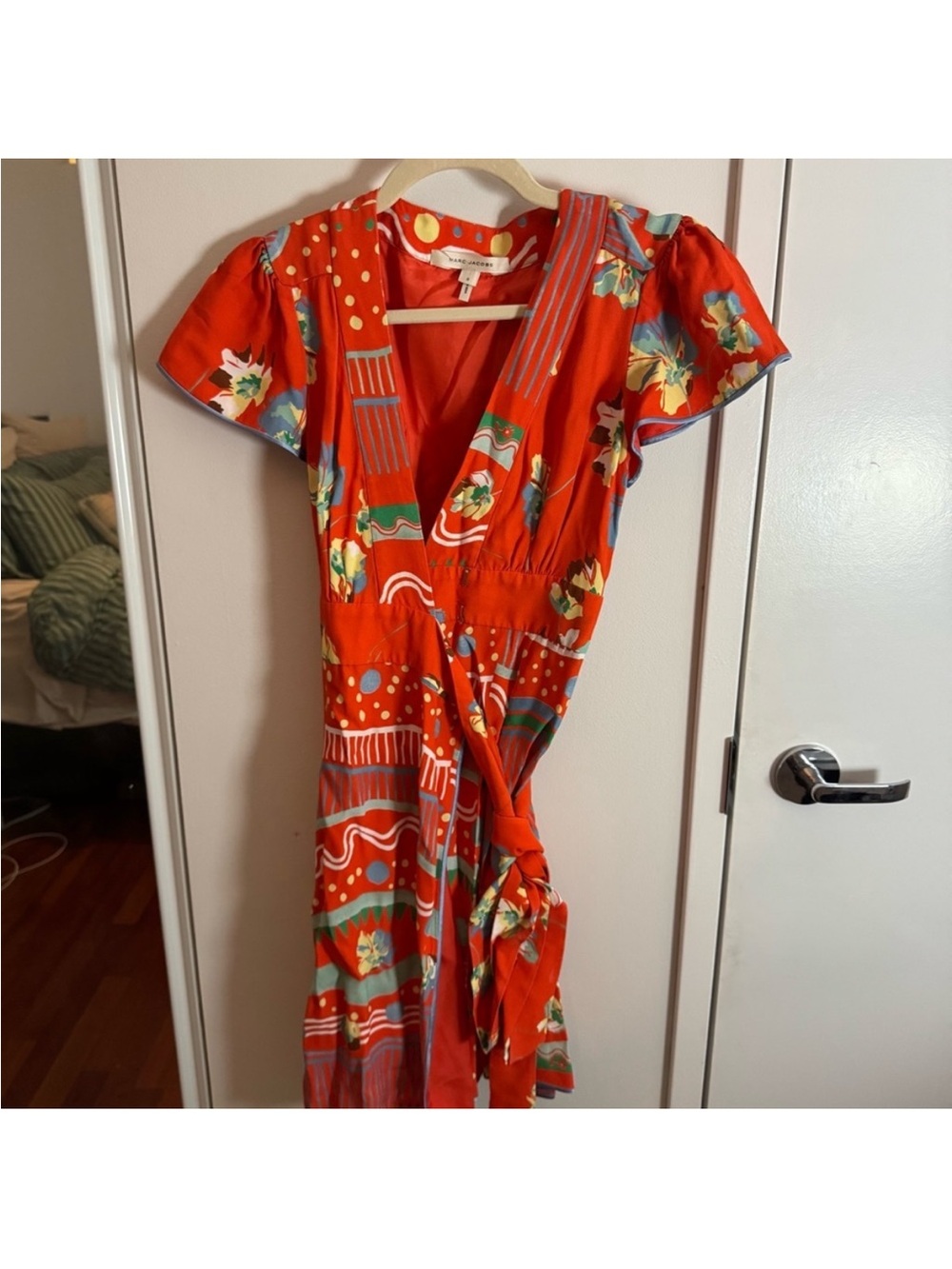 Marc Jacobs Silk Mixed Print Wrap Midi Dress | Orange (Size 0) - Picture 2 of 5